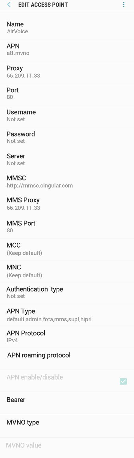 AirVoice Wireless APN Settings